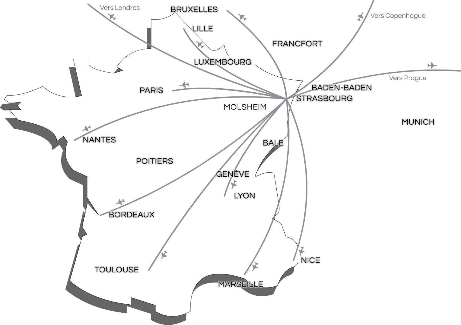 Carte aérienne en direction de Strasbourg